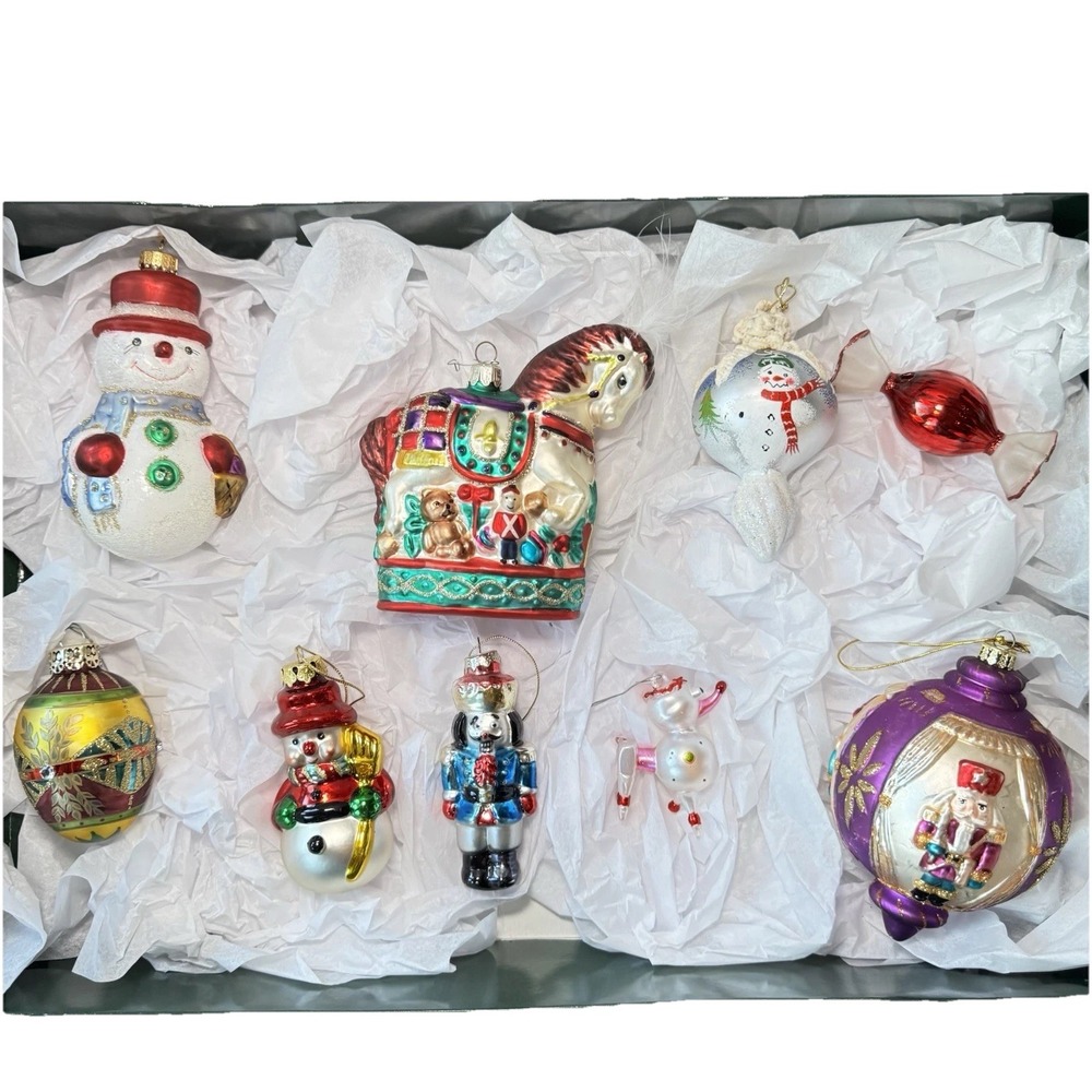 Lot of 9 Vintage Style Glass Ornaments – Horse, Nutcracker, Snowmen, Candy Radko